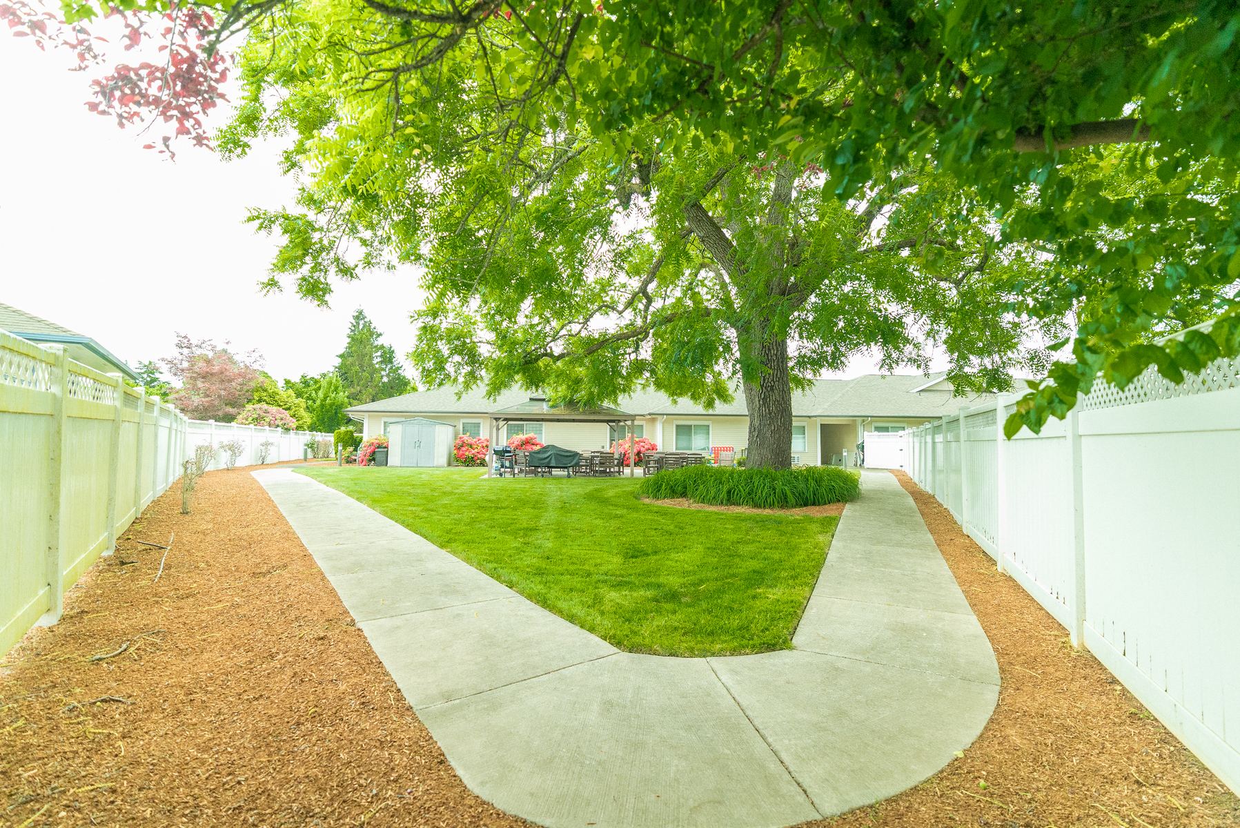 Fresh bark installation beside a clean sidewalk and lawn