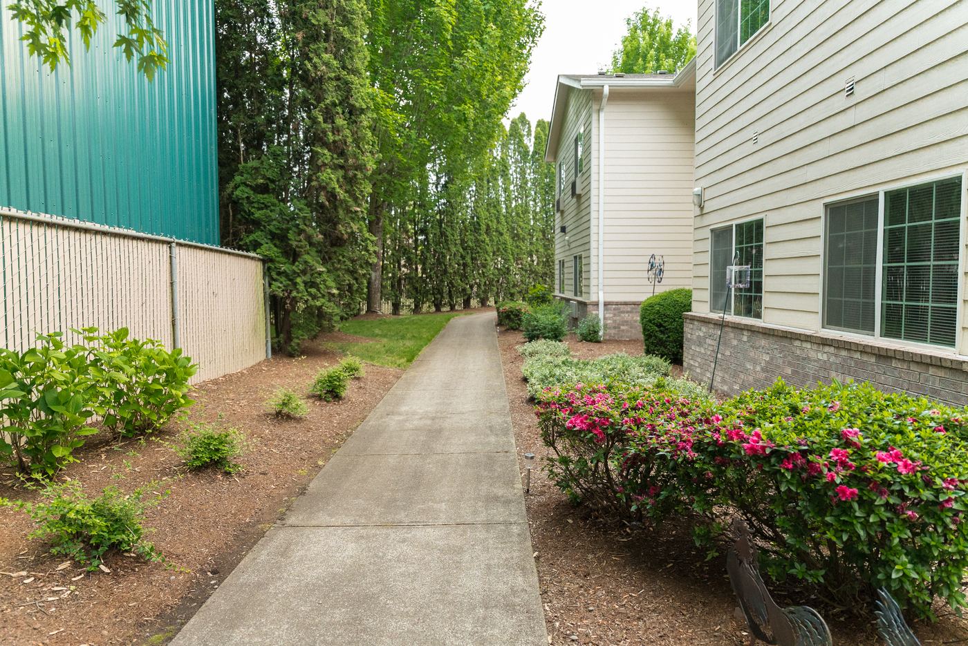 Professional landscape bed installation beside a commercial walkway